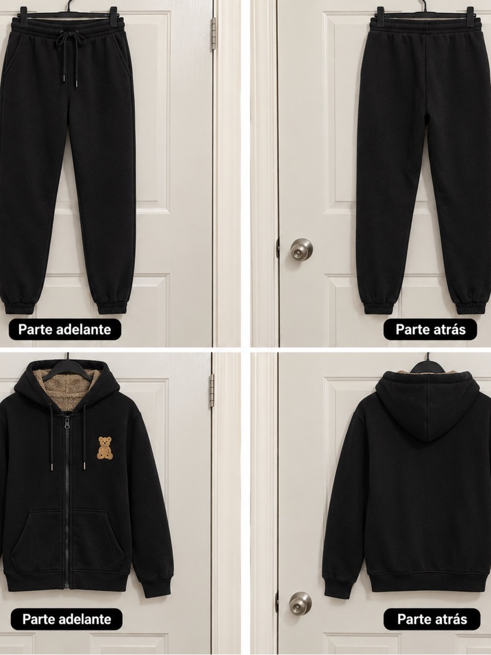 Black Sherpa-Lined Hoodie with Teddy Patch - Women